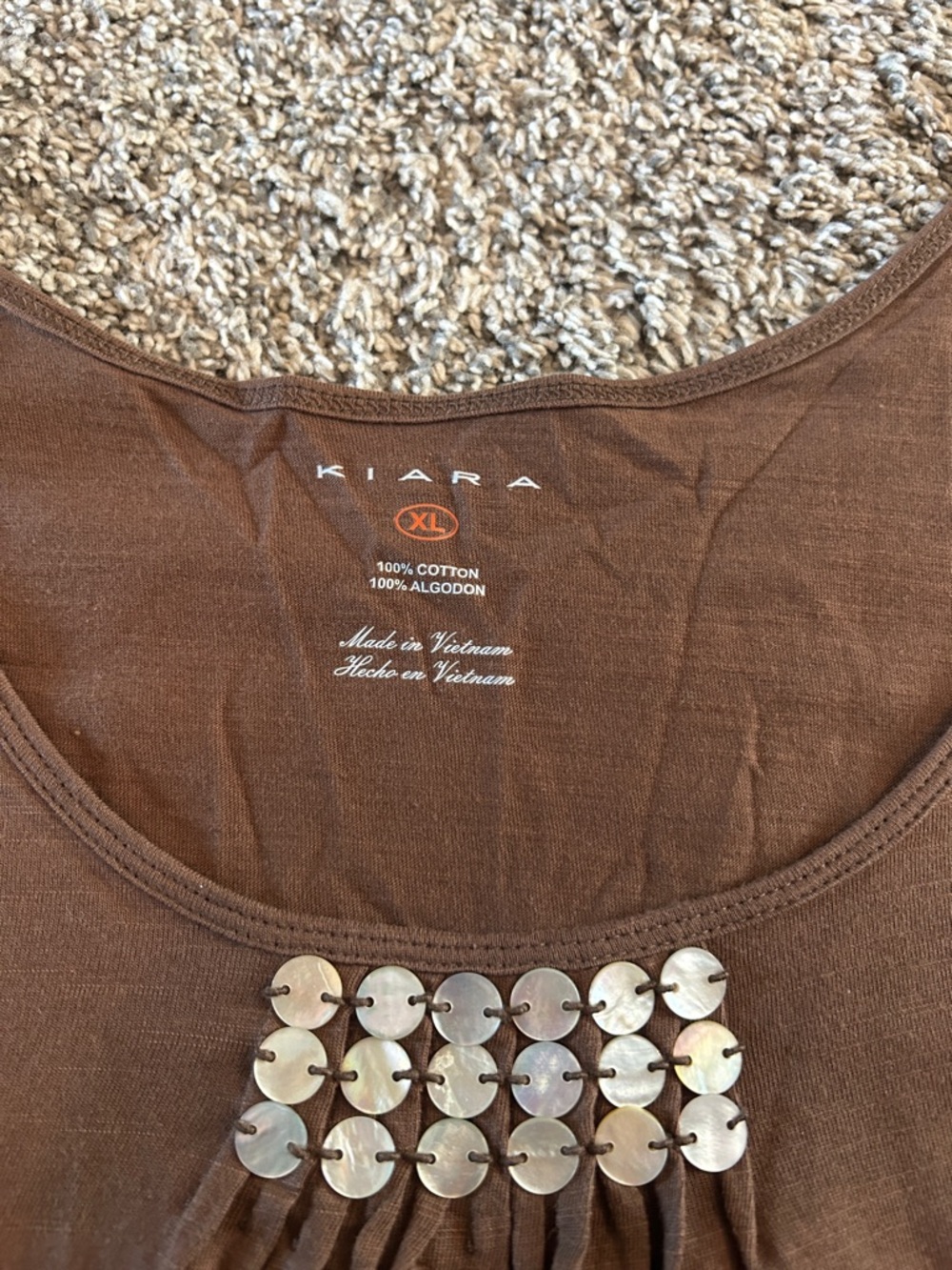 Kiara Brown Short Sleeve Scoop Neck Top with Bead Accent - Picture 2 of 3